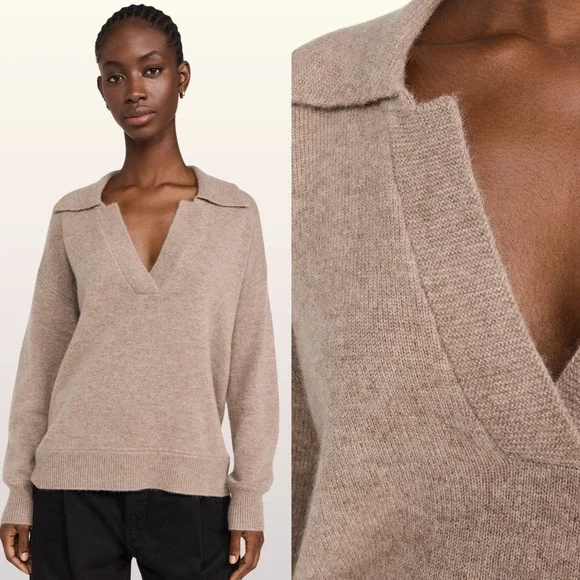 NEW La Ligne Cashmere V Neck Collared Sweater size Medium Camel Wool Pullover - Picture 4 of 9